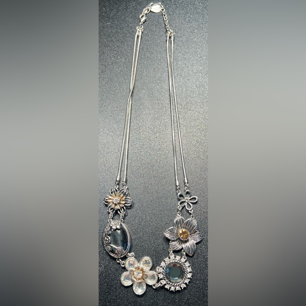 Scroll By Dillard's Silver Tone Double Chain Flower Rhinestone Cabachon Necklace